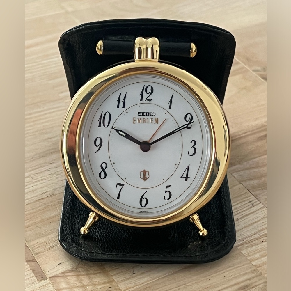Seiko Emblem Rare Travel Clock Black Leather Protective Case White Dial Gold